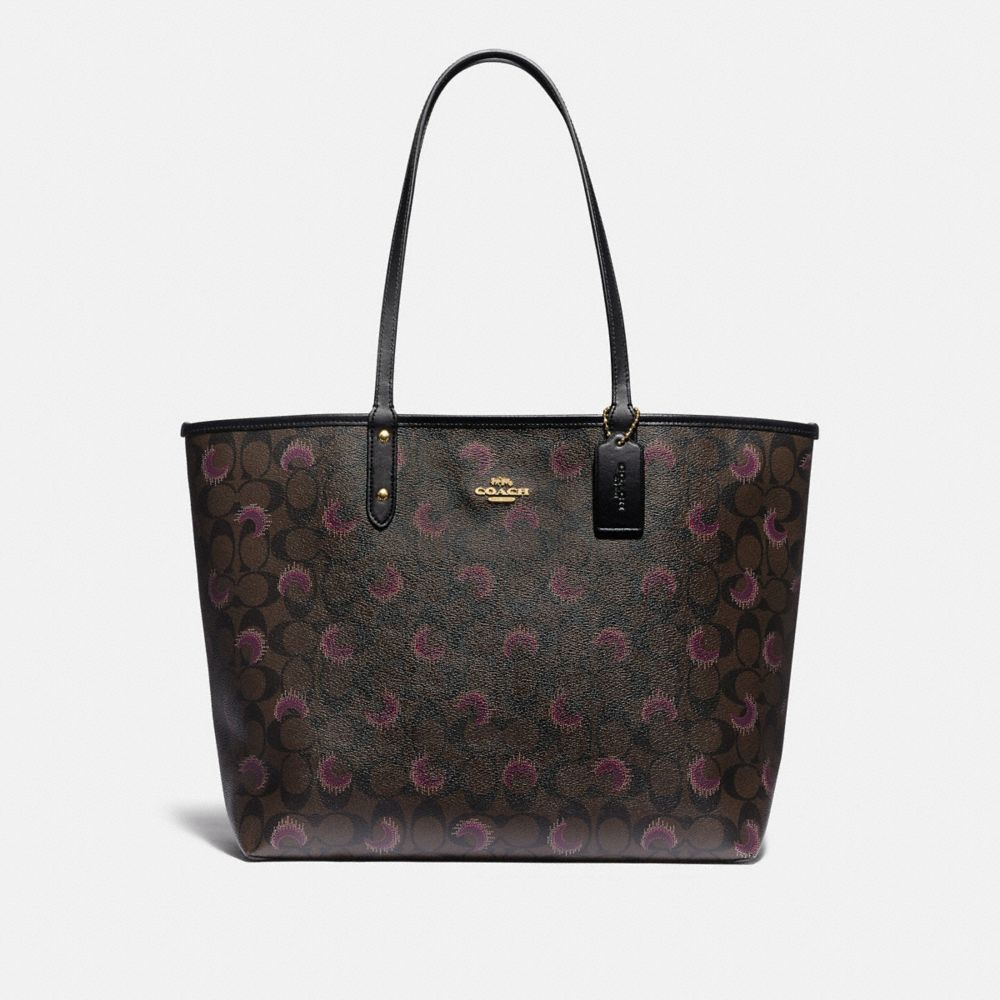 REVERSIBLE CITY TOTE IN SIGNATURE CANVAS WITH MOON PRINT - F89155 - IM/BROWN PURPLE MULTI/BLACK