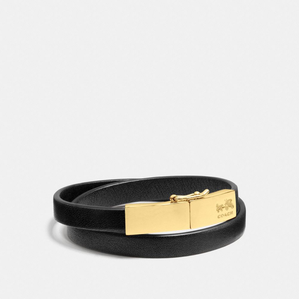 LEATHER DOUBLE WRAP COACH PLAQUE BRACELET - f90316 - GOLD/BLACK