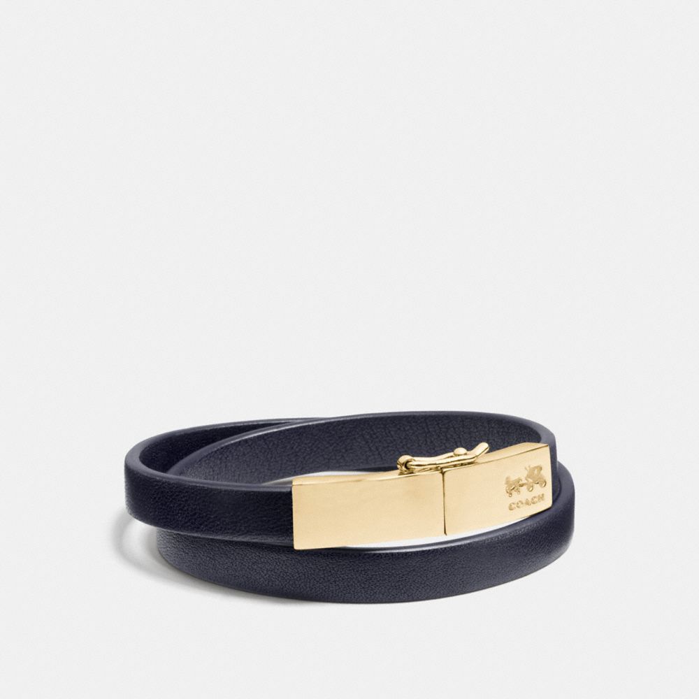 COACH F90316 - LEATHER DOUBLE WRAP COACH PLAQUE BRACELET GOLD/NAVY