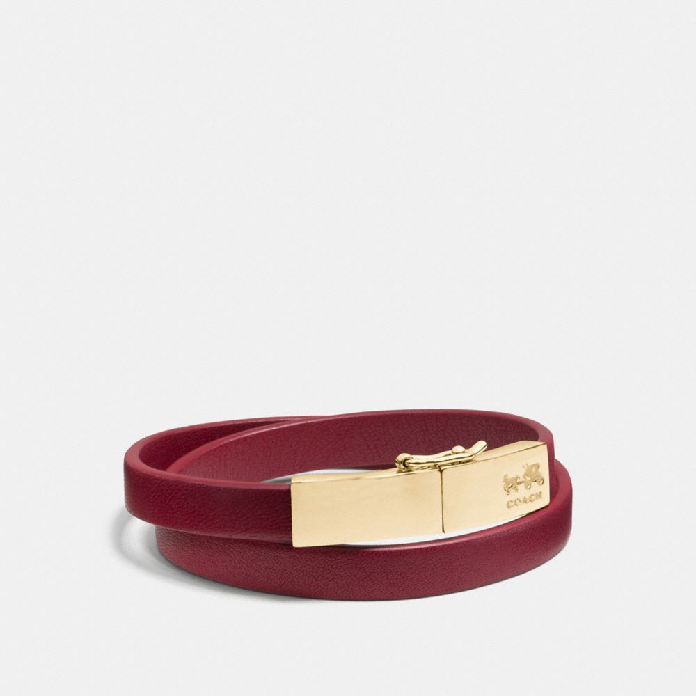 COACH LEATHER DOUBLE WRAP COACH PLAQUE BRACELET - LIGHT GOLD/RED CURRANT - f90316