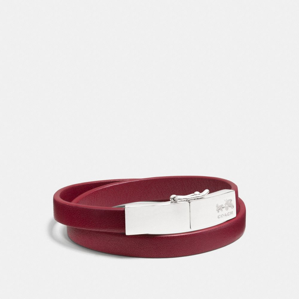 COACH LEATHER DOUBLE WRAP COACH PLAQUE BRACELET -  SILVER/RED CURRANT - f90316