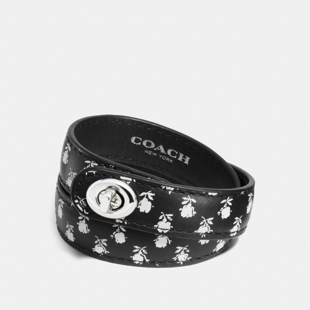 COACH PRINTED DOUBLE WRAP TURNLOCK BRACELET - SILVER/BLACK PARCHMENT BADLANDS FLORA - f90479