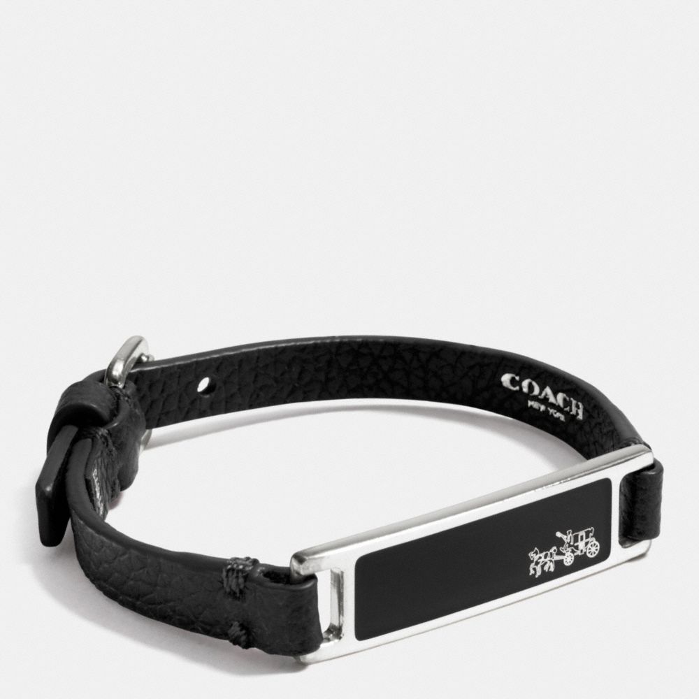 COACH F90575 Leather Plaque Strap Bracelet SILVER/BLACK