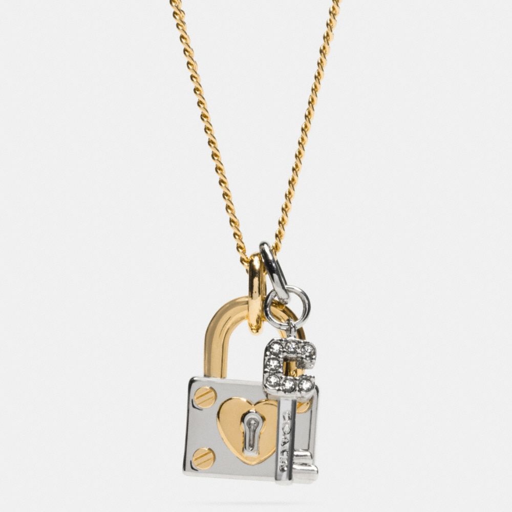 LONG PADLOCK HEART AND KEY NECKLACE - f90937 - SILVER/GOLD