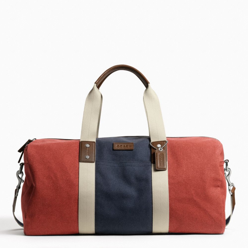 COACH HERITAGE WEB CANVAS PIECED STRIPE ROLL DUFFLE - SILVER/RED/NAVY - F93234