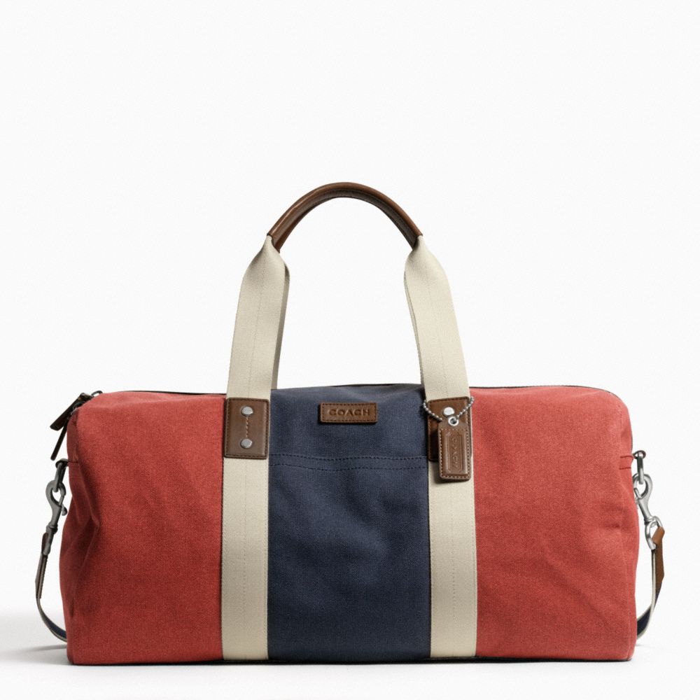 COACH f93234 HERITAGE WEB CANVAS PIECED STRIPE ROLL DUFFLE SILVER/RED/NAVY