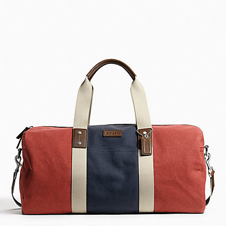 COACH F93234 HERITAGE WEB CANVAS PIECED STRIPE ROLL DUFFLE SILVER/RED/NAVY