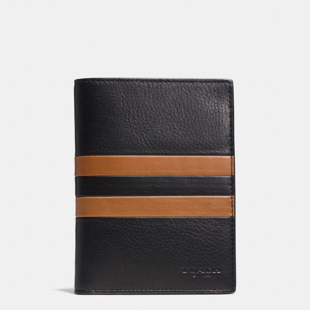 COACH MODERN VARSITY STRIPE PASSPORT CASE IN SPORT CALF LEATHER - BLACK/SADDLE - F93543