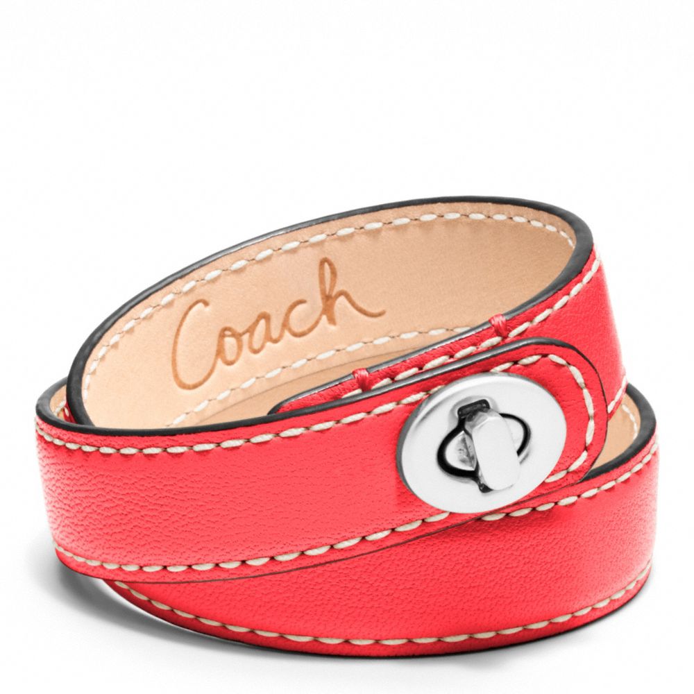 COACH f96317 LEATHER DOUBLE WRAP TURNLOCK BRACELET SILVER/CORAL