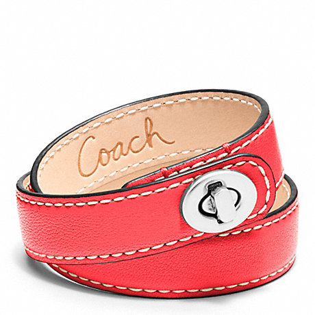 COACH F96317 LEATHER DOUBLE WRAP TURNLOCK BRACELET SILVER/CORAL