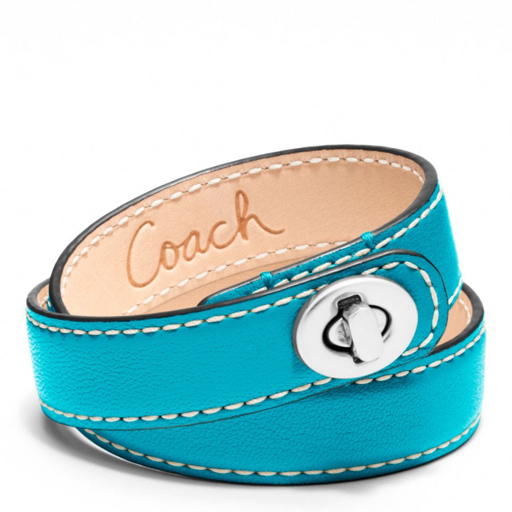 COACH f96317 LEATHER DOUBLE WRAP TURNLOCK BRACELET SILVER/TURQUOISE