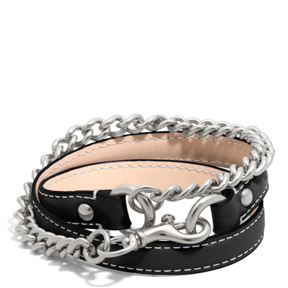 LEATHER AND CHAIN DOGLEASH BRACELET - SILVER/BLACK - COACH F96318