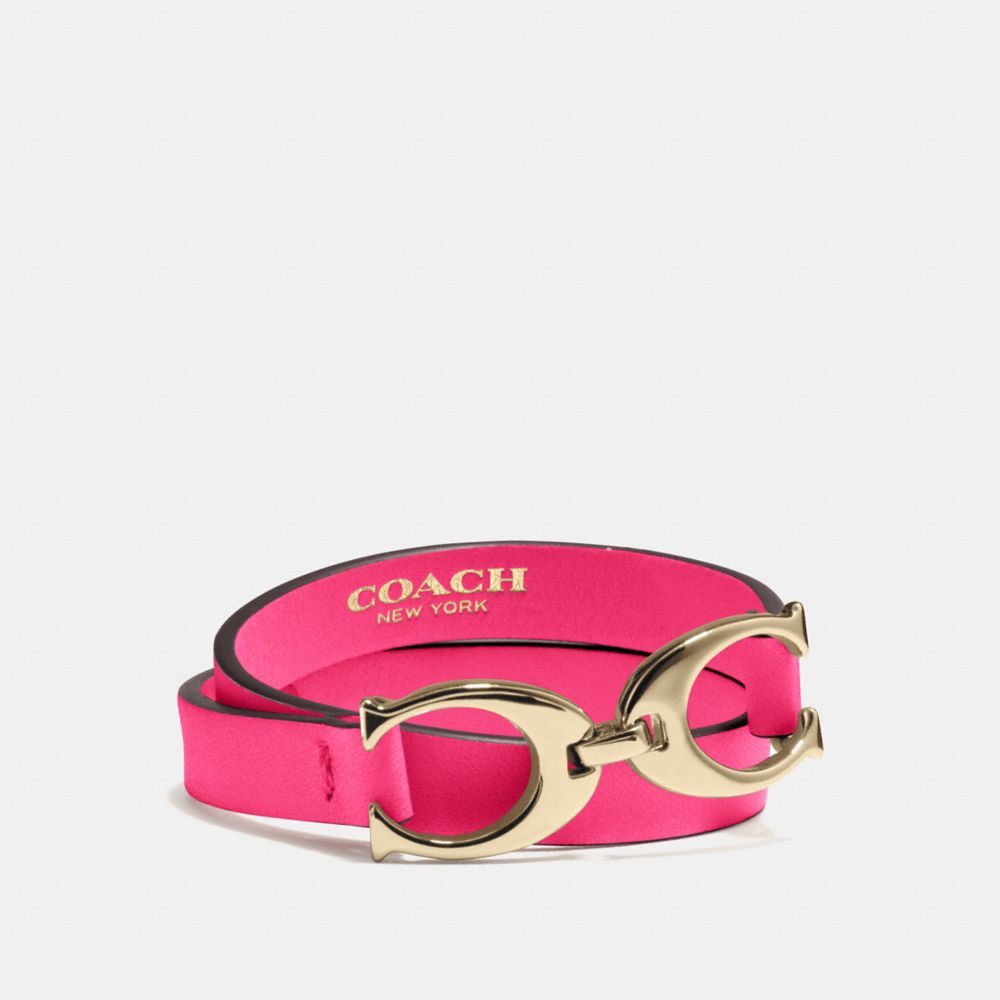 COACH F99792 Twin Signature C Double Wrap Leather Bracelet BRASS/PINK RUBY