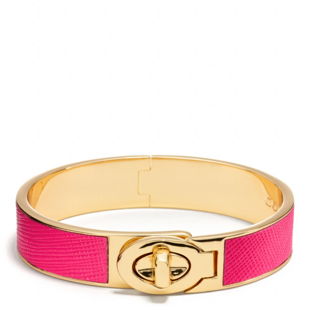 COACH f99864 HALF INCH HINGED SAFFIANO LEATHER TURNLOCK BANGLE BRASS/PINK RUBY