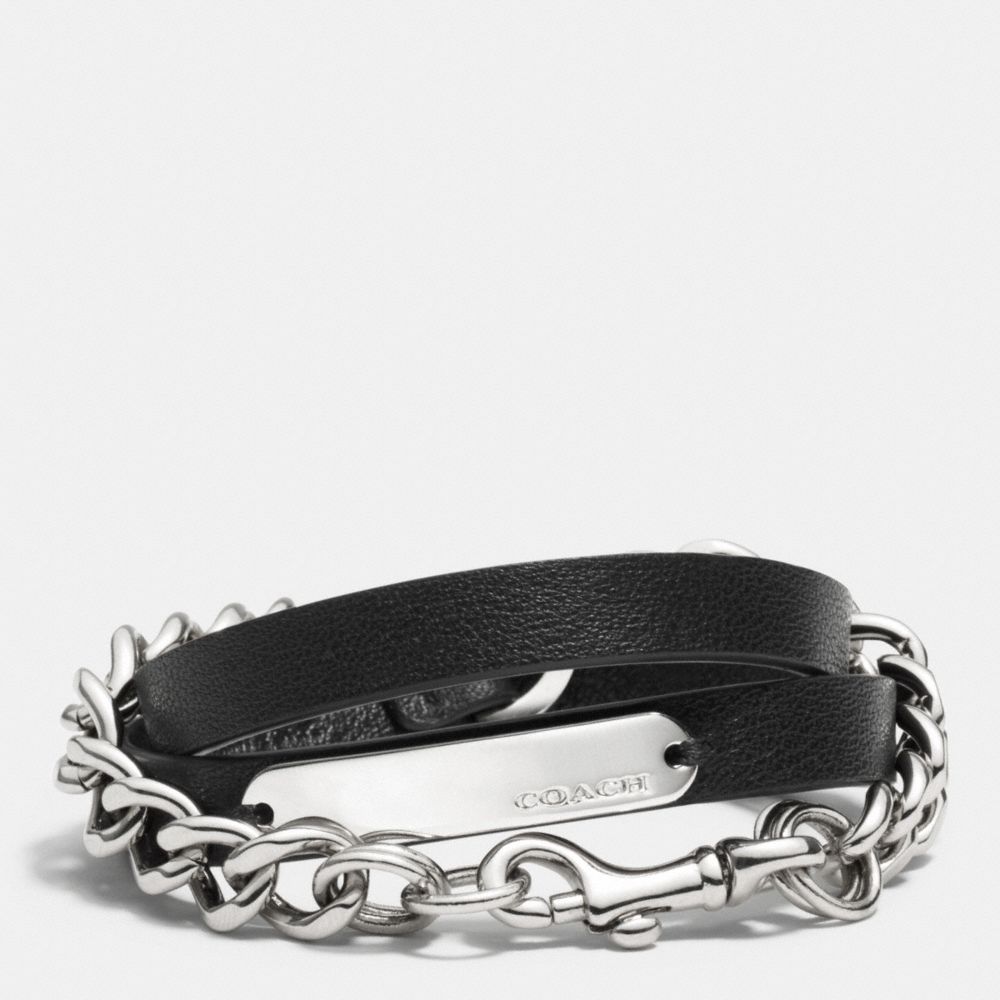 COACH f99988 MULTI WRAP LEATHER AND CHAIN BRACELET SILVER/BLACK