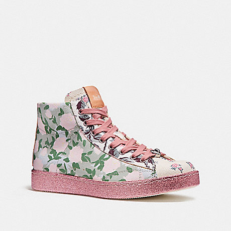 COACH C204 HIGH TOP SNEAKER WITH CAMO ROSE PRINT - GREY/PINK - FG1850