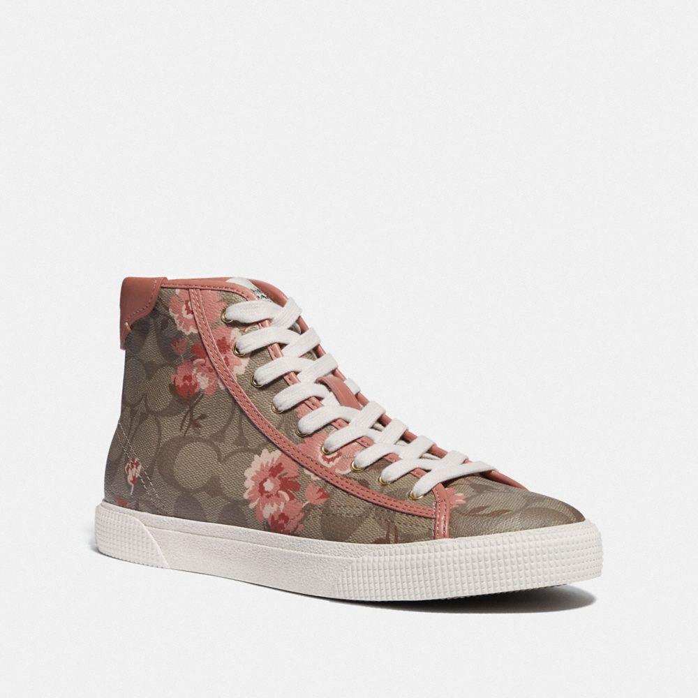 COACH FG4313 C207 High Top Sneaker With Floral Print KHAKI/PINK