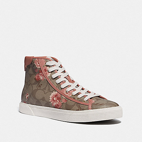 COACH C207 HIGH TOP SNEAKER WITH FLORAL PRINT - KHAKI/PINK - FG4313