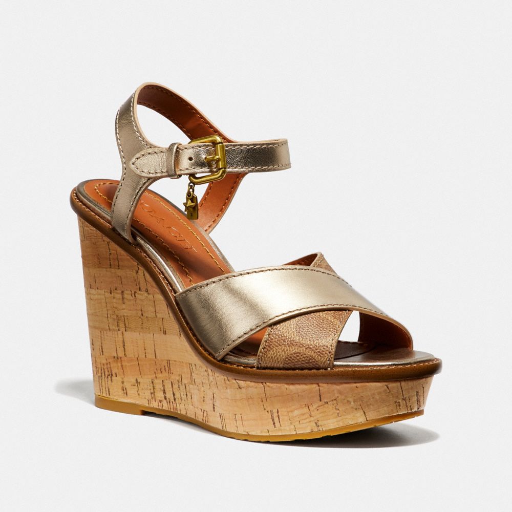 COACH G3164 Cross Band High Wedge Sandal TAN/CHAMPAGNE