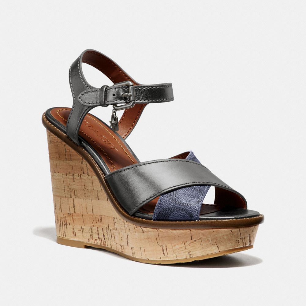 COACH G3164 - CROSS BAND HIGH WEDGE SANDAL CHARCOAL/GUNMETAL