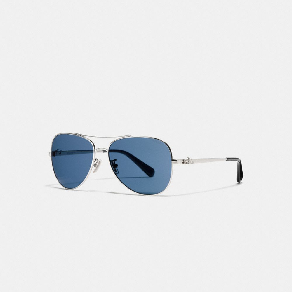COACH L1648 - HORSE AND CARRIAGE METAL PILOT SUNGLASSES SILVER/DARK BLUE SOLID