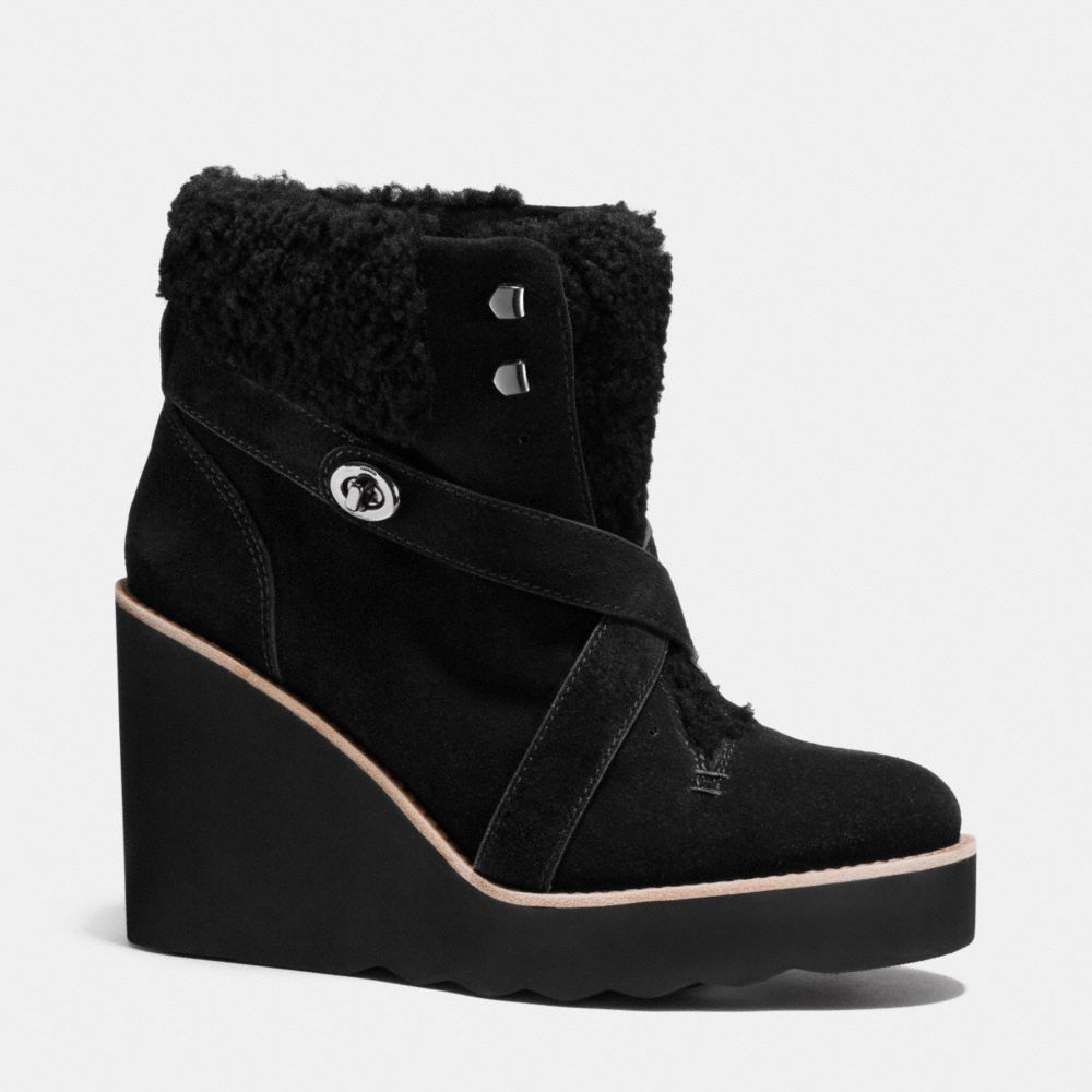 COACH Q7933 KENNA SHEARLING WEDGE BOOTIE BLACK/BLACK