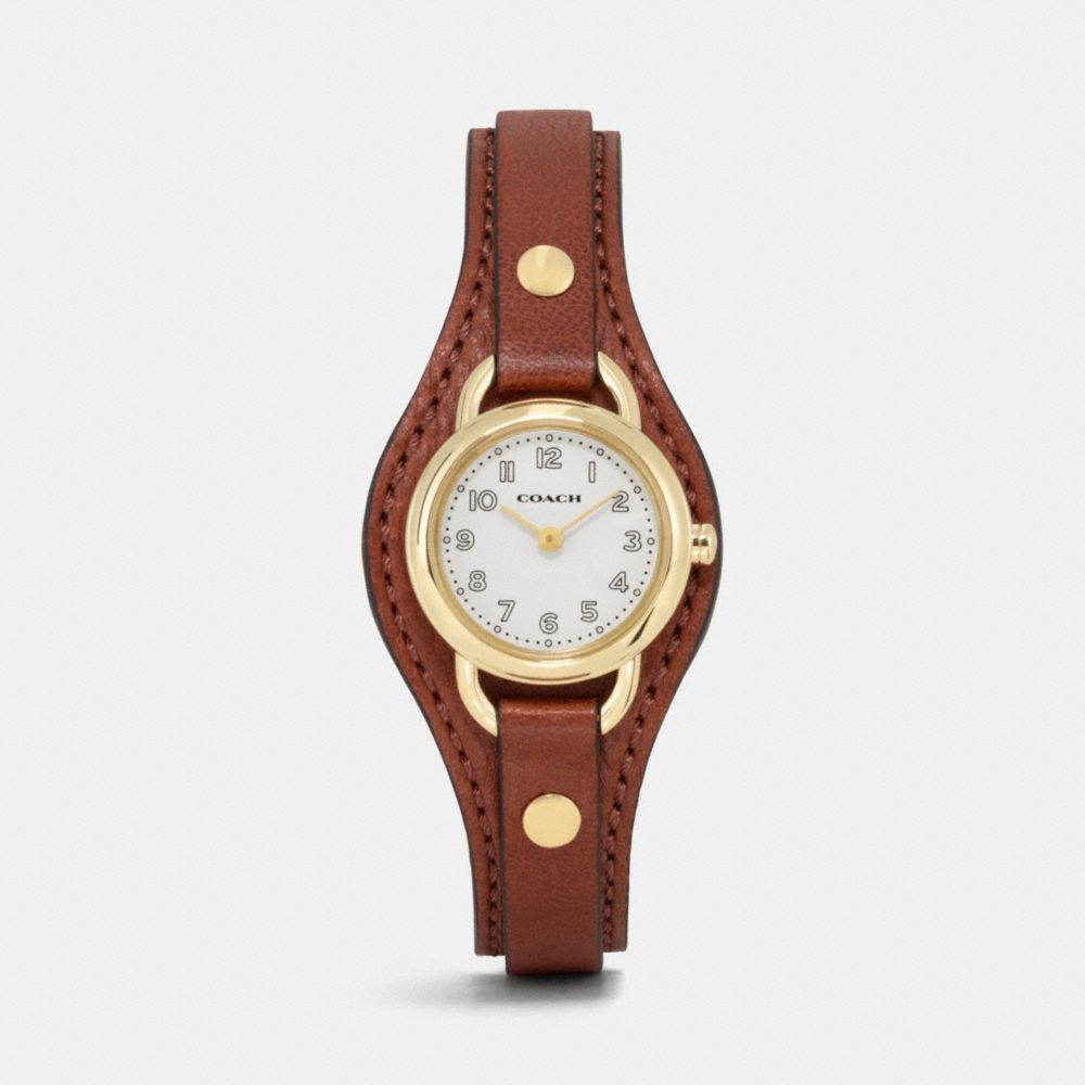 COACH W1328 Dree Gold Plated Leather Buckle Cuff Watch SADDLE