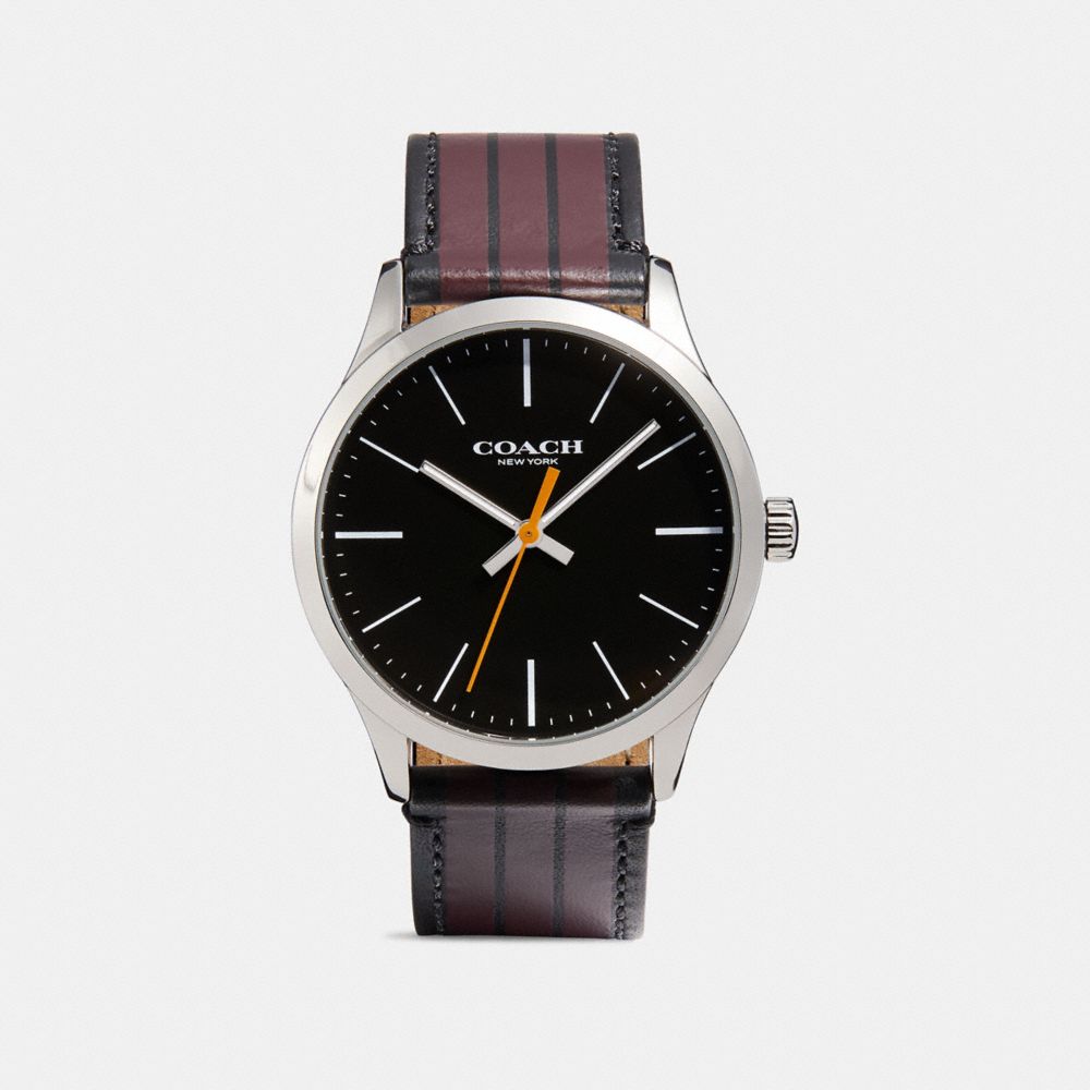 COACH W1545 Baxter Leather Strap Watch With Varsity Stripe MAHOGANY/BLACK