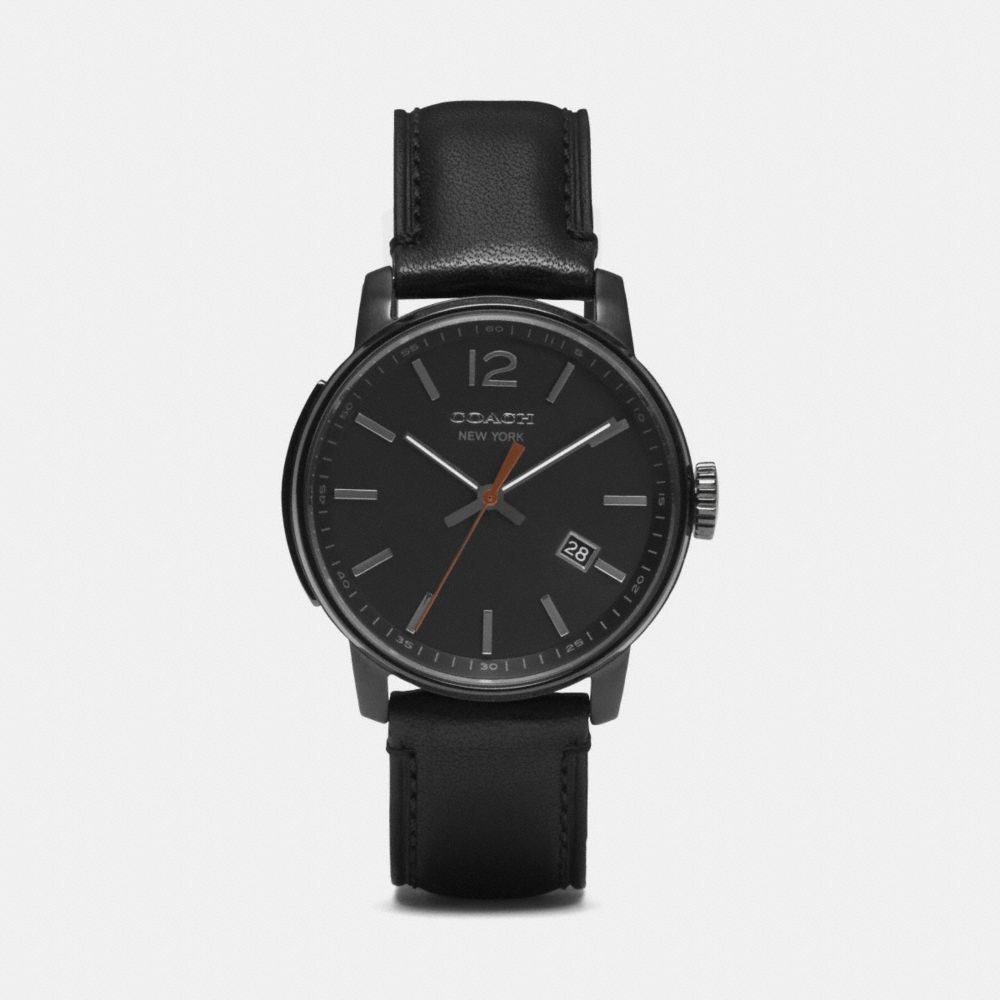 BLEECKER THREE HAND IONIZED PLATED LEATHER STRAP WATCH - w4008 - BLACK