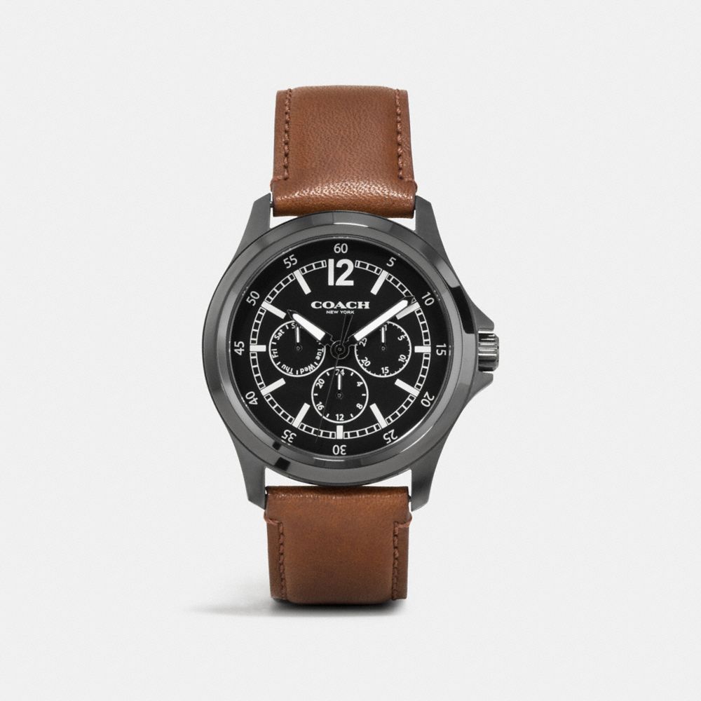 COACH W5007 Barrow Ionized Plated Multifunction Leather Strap Watch BLACK/SADDLE