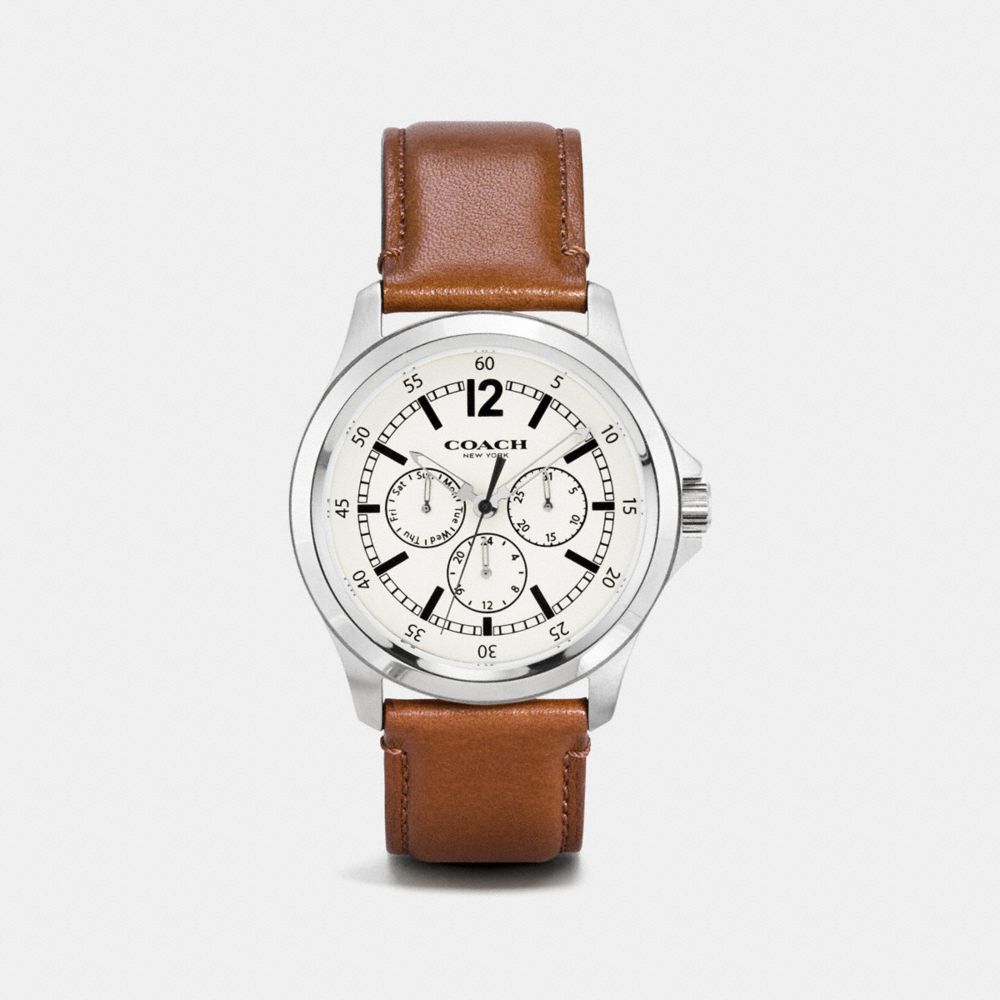 COACH BARROW STAINLESS STEEL MULTIFUNCTION LEATHER STRAP WATCH - PARCHMENT/SADDLE - w5012
