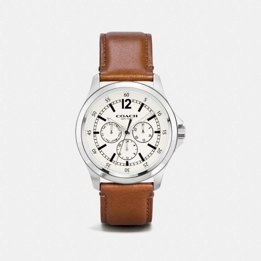 BARROW STAINLESS STEEL MULTIFUNCTION LEATHER STRAP WATCH - COACH  w5012 - PARCHMENT/SADDLE