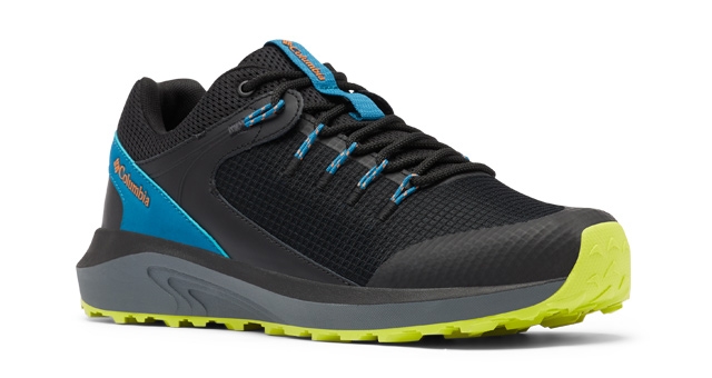 Black, blue, and yellow hiking shoes.