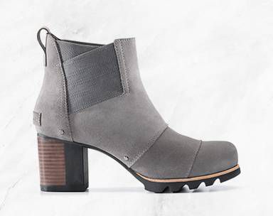 A short boot with a block heel.