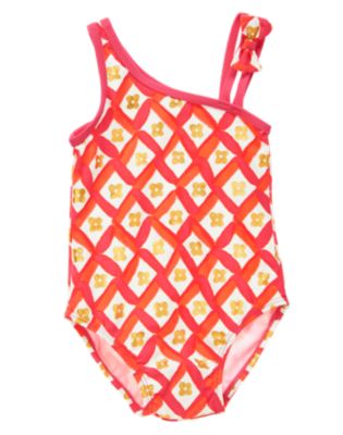 Crazy 8 Flower Tile One-Shoulder Swimsuit Spring Break 