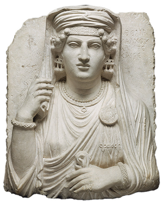A limestone monument of Aththaia, daughter of Malchos, wearing a cable necklace and a pair of matching bracelets. 2nd century A.D., Syria. Museum of Fine Arts, Boston.