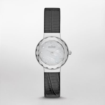 Skagen black three hand embossed snakeskin watch