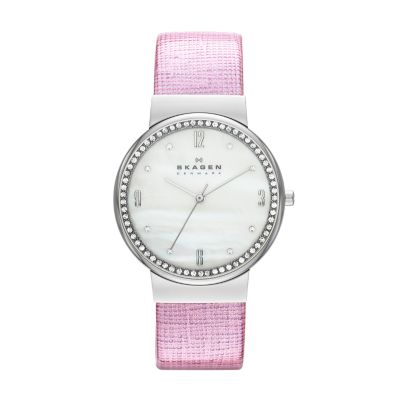 Skagen leather and crystal three hand watch