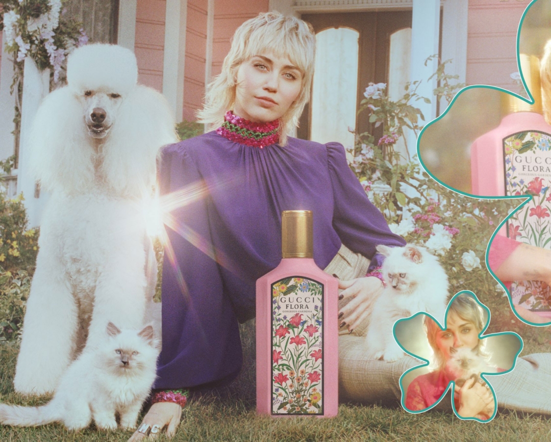 Miley Cyrus sits on a front lawn with flower bushes and is surrounded by a poodle, Persian kittens and oversized fragrance bottle.