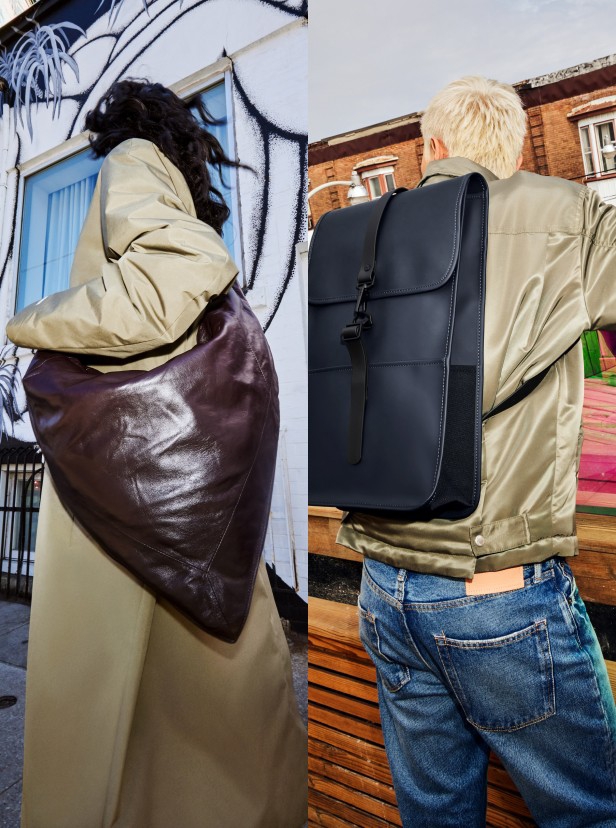 A side-by-side image of two models showing off the season’s best accessories.