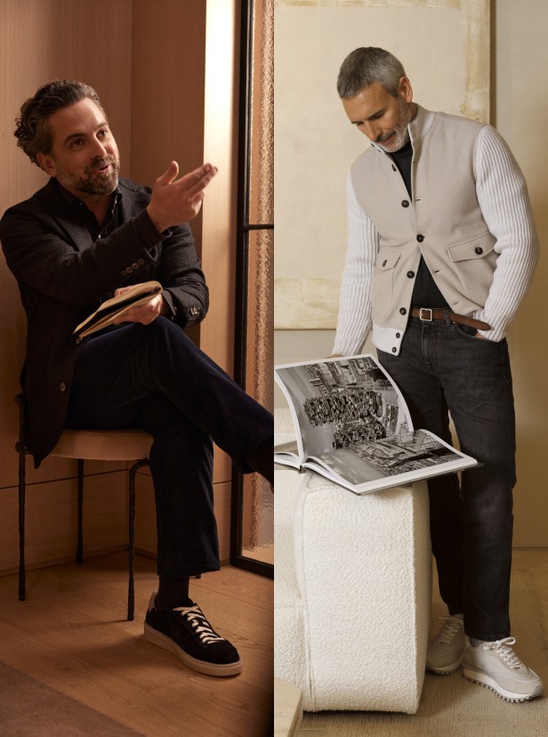 A side-by-side image of Paolo Ferrari and Marco Baldassari wearing the Eleventy Carbone capsule collection.