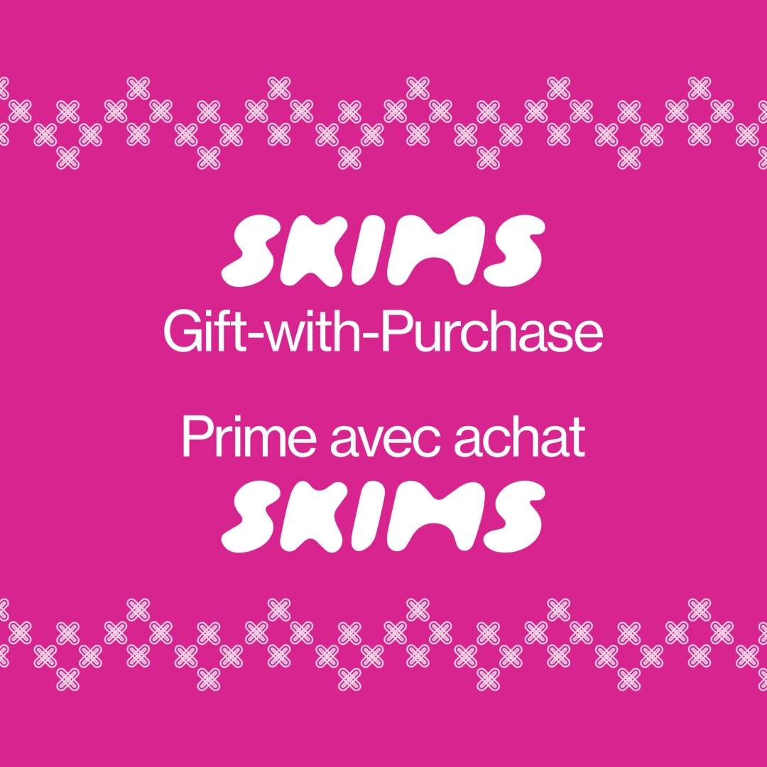 Magenta tile advertising a gift with purchase oppotunity for SKIMS