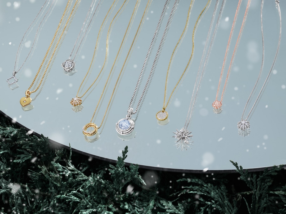 Twelve necklaces with varying pendants and chains on a mirrored surface set atop a hedge.