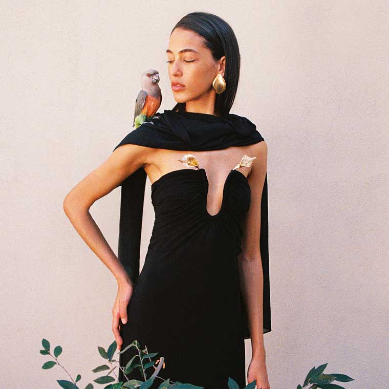 A model wearing a black strapless gown with a plunging neckline.