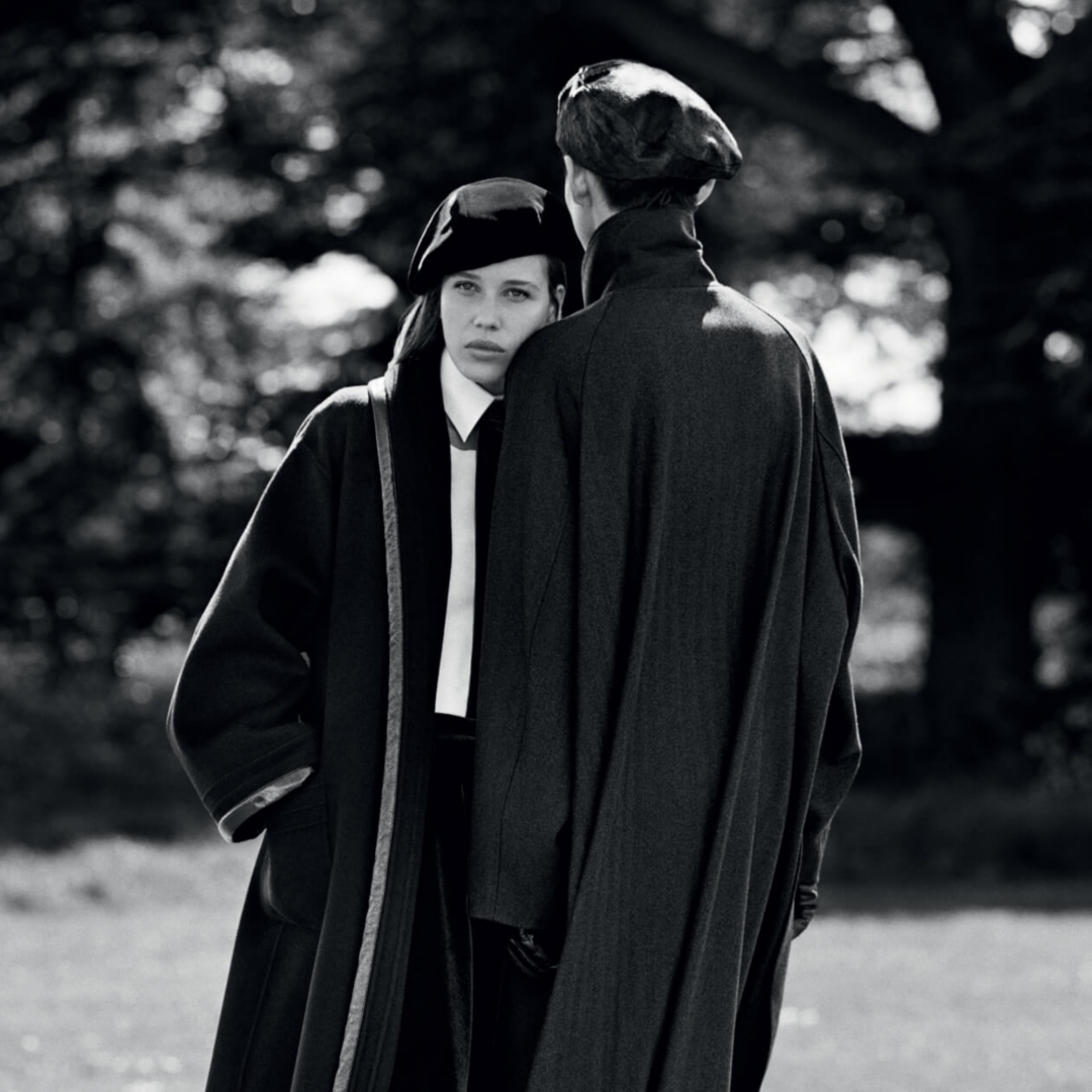 Black and white photo of models in armani