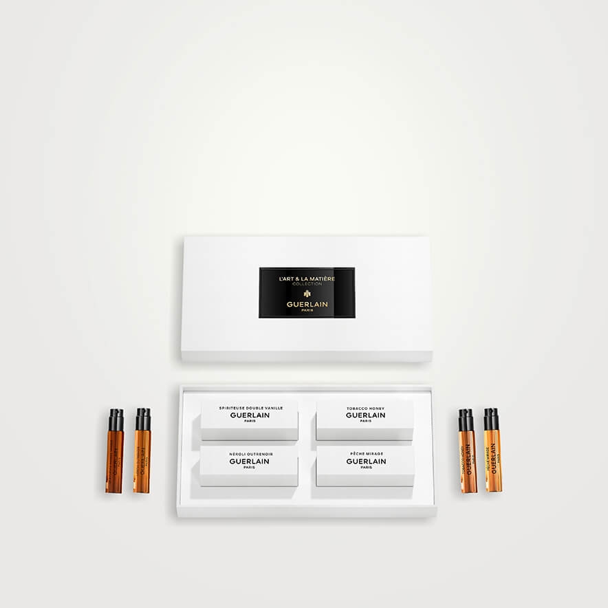 A white box filled with Guerlain fragrance samples
