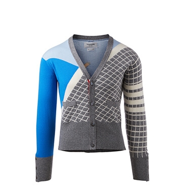 Holt Renfrew image of THOM BROWNE Four Bar Cashmere Poolside Intarsia Cardigan. $2470. 