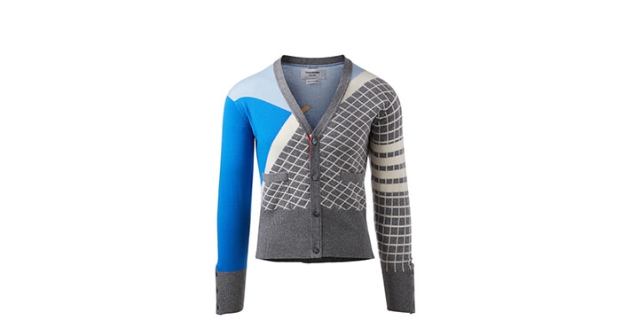 Holt Renfrew image of THOM BROWNE Four Bar Cashmere Poolside Intarsia Cardigan. $2470.