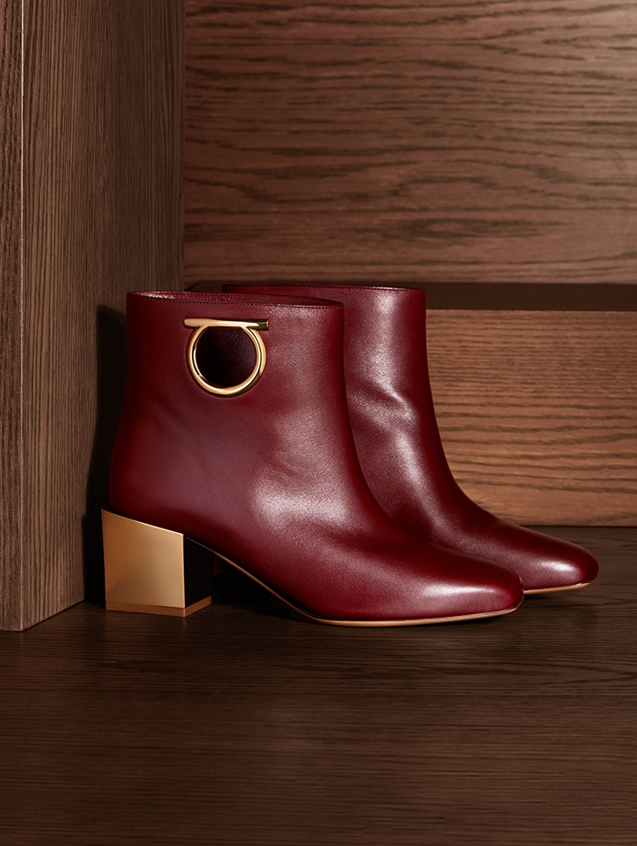 Holt Renfrew Image of SALVATORE FERRAGAMO leather 55 mm Albiano bootie in burgundy. $1330.