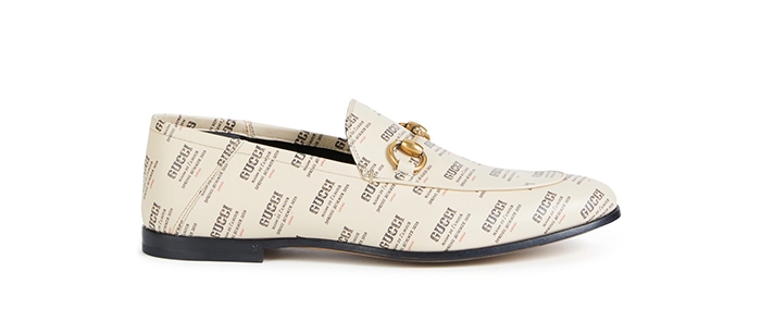 Holt Renfrew image of GUCCI Brixton leather loafers in Gucci Stamp print. $1170. SHOP NOW